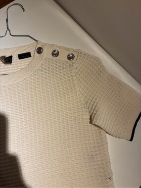 Pinko Cream Textured Knit Short Sleeve Sweater with Silver Buttons